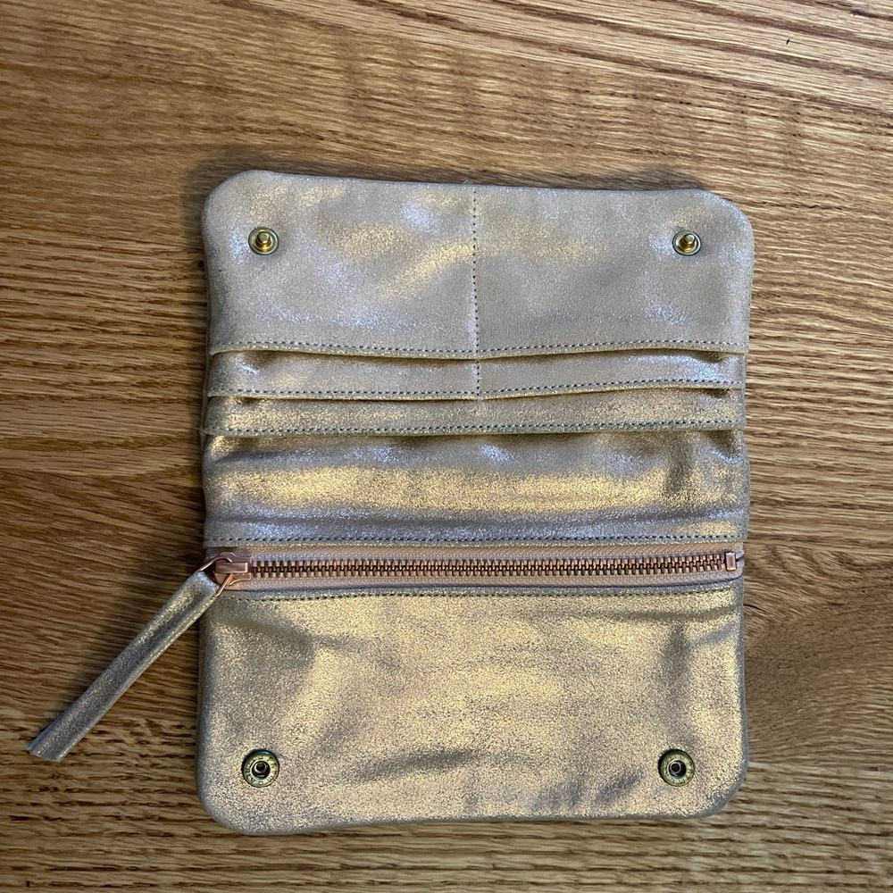 Rose gold leather wristlet